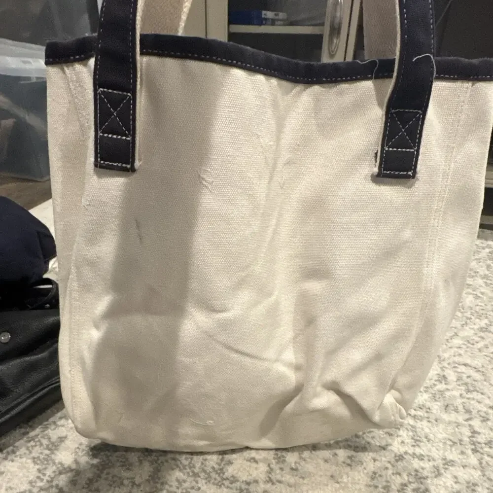 Lands' End Ivory/Navy Logo Tote Bag Snap Closure Inner Pockets Double Handles